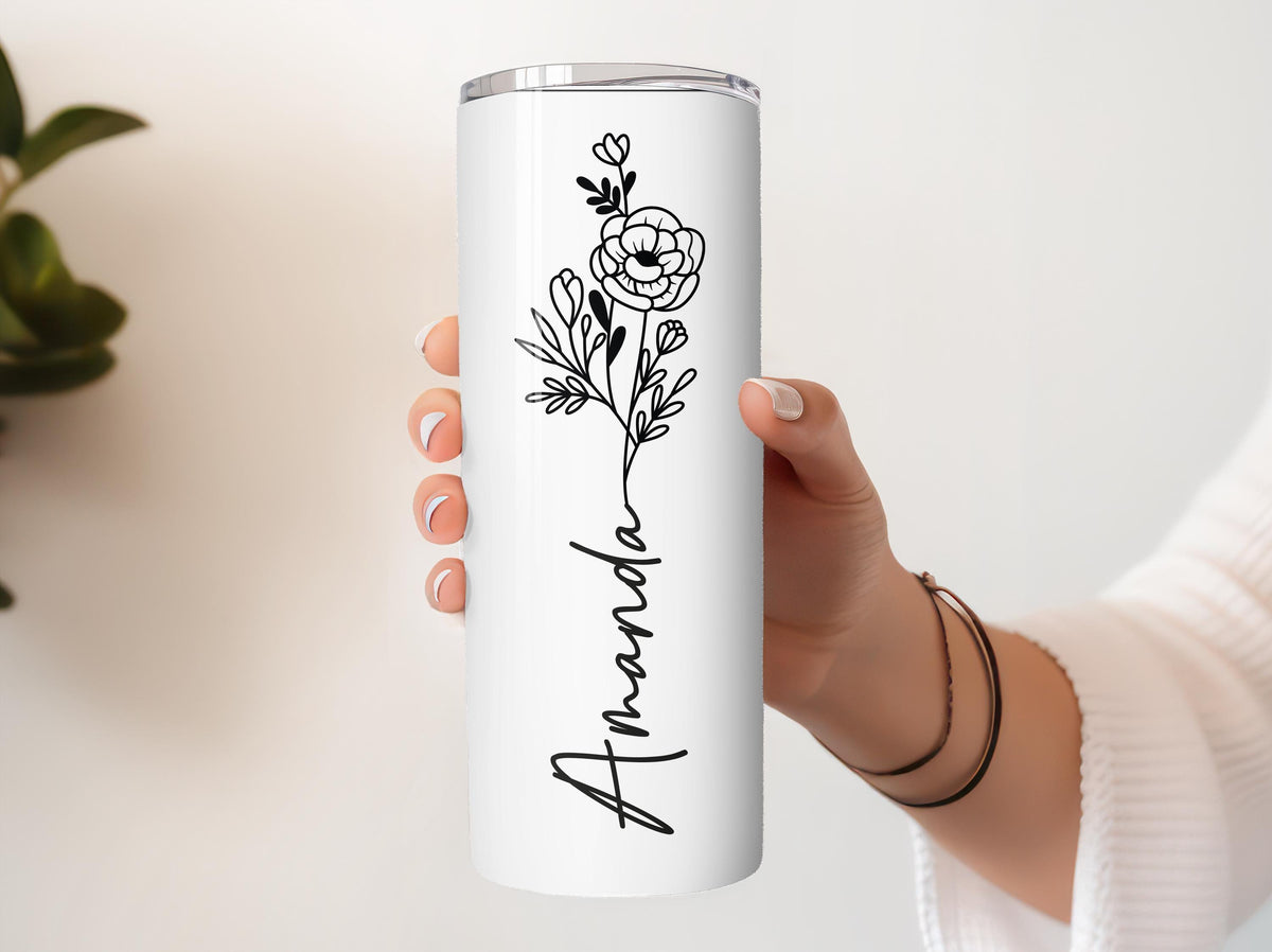 Personalized Line Art Flower Tumbler, Minimalist Birth Month Flower Coffee Tumbler