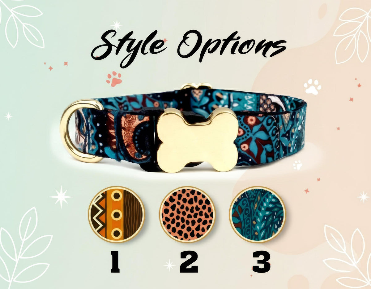 Custom Dog Collar with Engraved Name Plate, Personalized Boho Dog Collar, Leopard Print Pet Collar, Engraved Bone ID Tag Collar