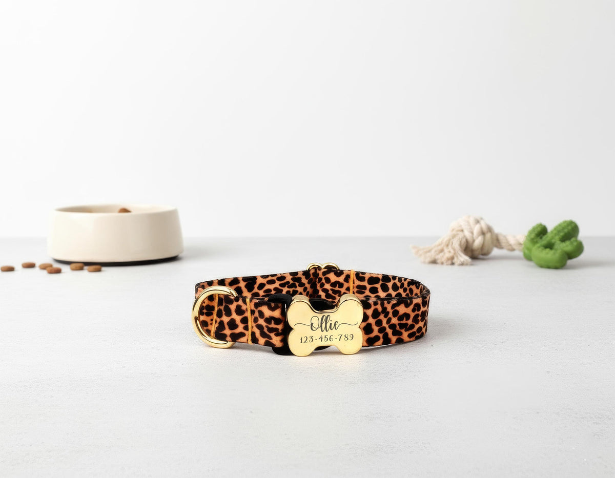 Custom Dog Collar with Engraved Name Plate, Personalized Boho Dog Collar, Leopard Print Pet Collar, Engraved Bone ID Tag Collar