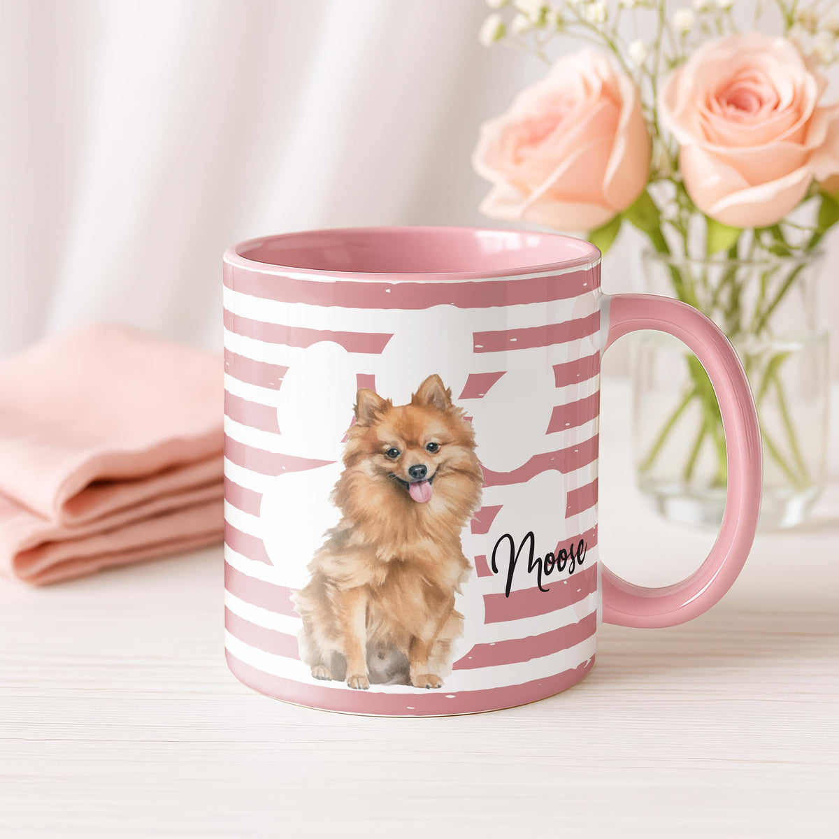 Custom Dog Photo Mug with Name, Personalized Pet Portrait Cup, Striped Designs Pets Mugs, Cat Mom Gift, Memorial Present Cups