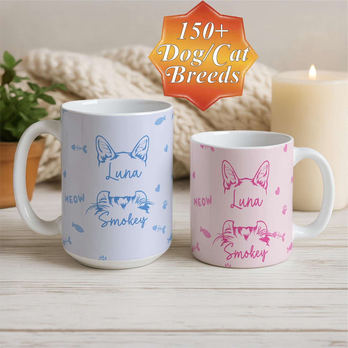 Custom Pet Name Mug, Dogs Split Face Coffee Cup, Dog & Cat Lover Ceramic Mug, Paw Print and Bone Pattern Tea Cup, Puppy Owner Present