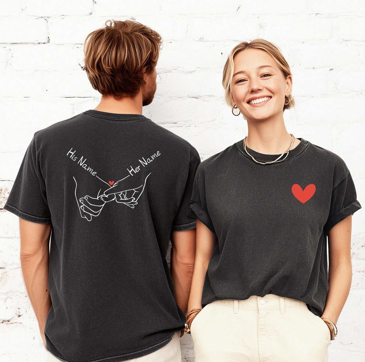 Comfort Colors® Holding Hands Heart Shirt, Custom His & Hers Matching Tee, Couple Anniversary Gift