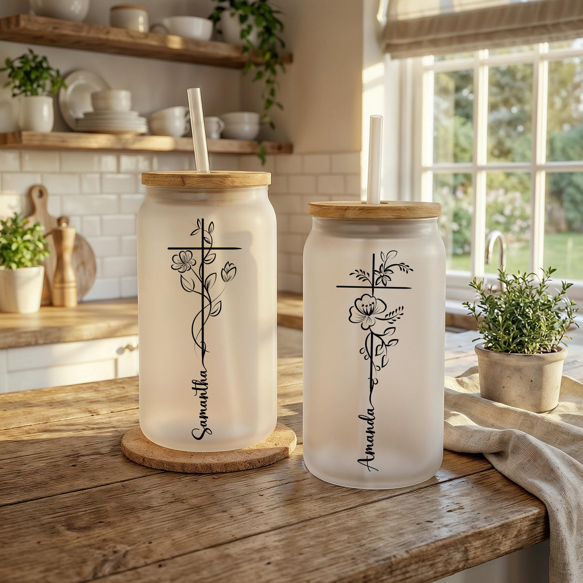 Floral Cross Glass Can, Personalized Iced Coffee Cup with Bamboo Lid, Christian Gift