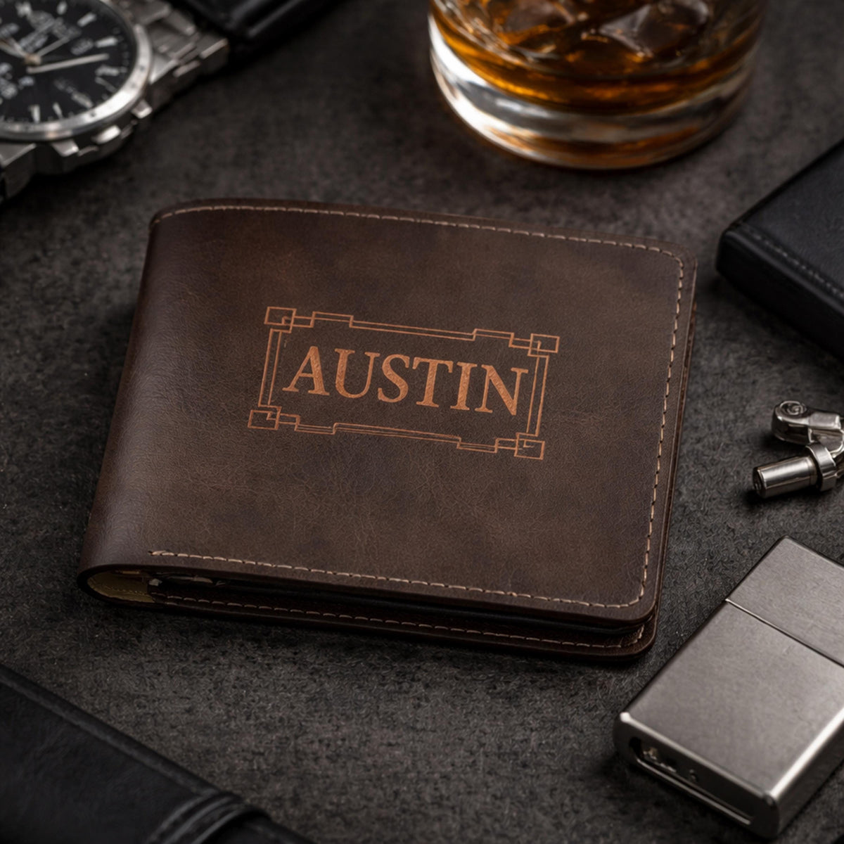 Engraved Vegan Leather Slim Wallet, Personalized Gift for Father