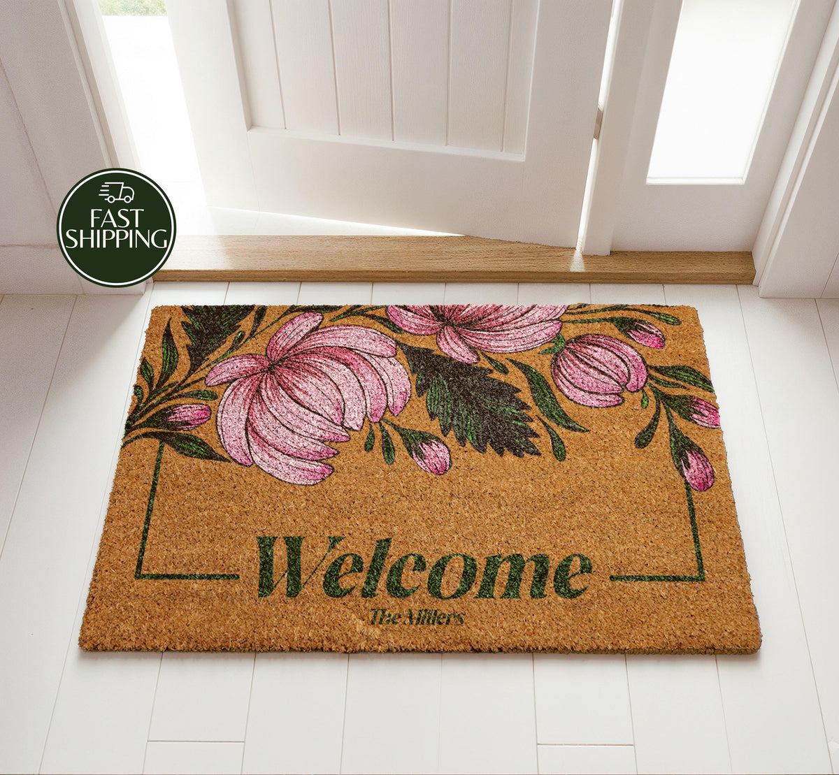 Custom Family Last Name Doormat, Botanical Aesthetic Welcome Mat