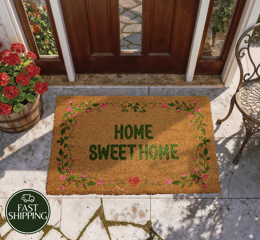 Home Sweet Home Doormat, Pink Rose Vine Floral Welcome Mat, Spring Front Porch Decor