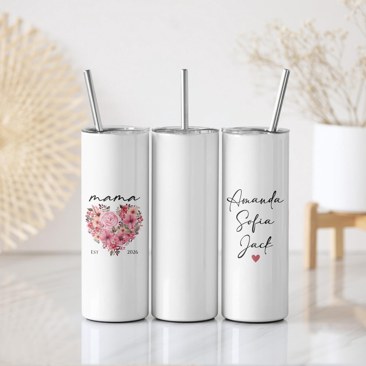 Personalized Floral Mama Est Tumbler With Straw, Custom Insulated Cup With Kids Names