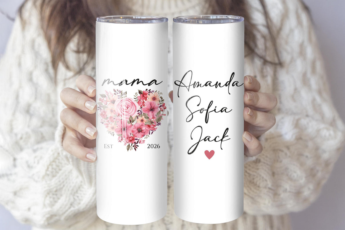 Personalized Floral Mama Est Tumbler With Straw, Custom Insulated Cup With Kids Names