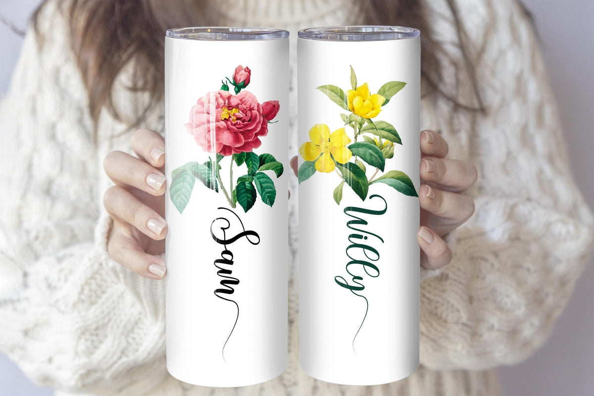 Personalized Colorful Floral Coffee Tumbler, Custom Name Bff Matching Flower Cup