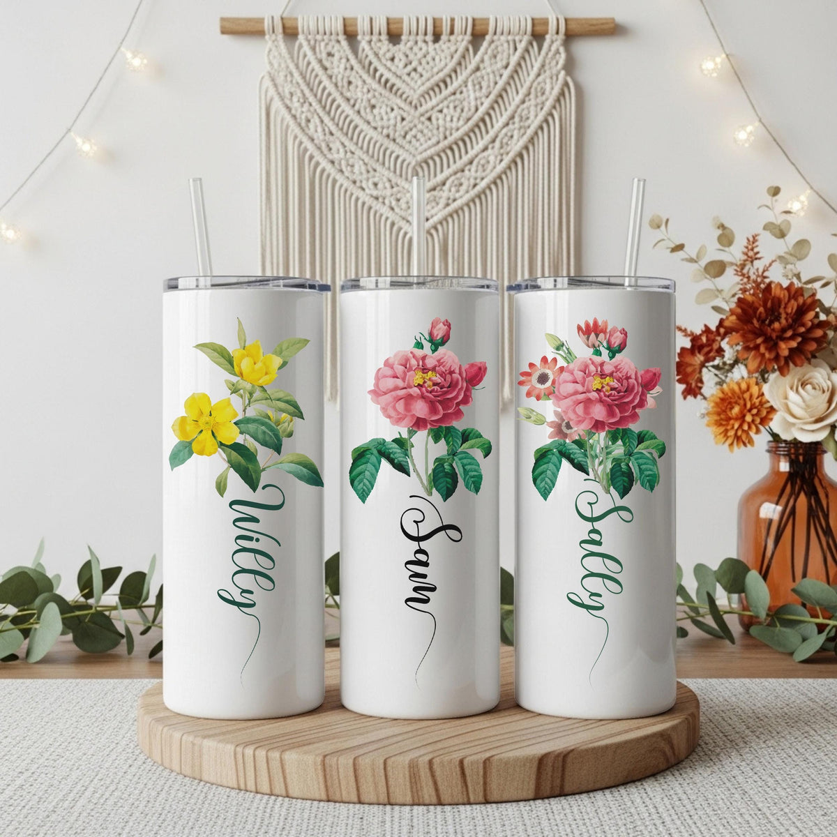 Personalized Colorful Floral Coffee Tumbler, Custom Name Bff Matching Flower Cup