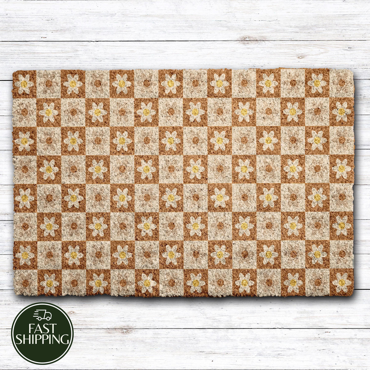 Retro Checkered Daisy Doormat, Floral Brown and Cream Welcome Mat