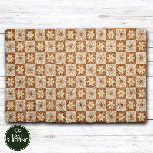 Retro Checkered Daisy Doormat, Floral Brown and Cream Welcome Mat
