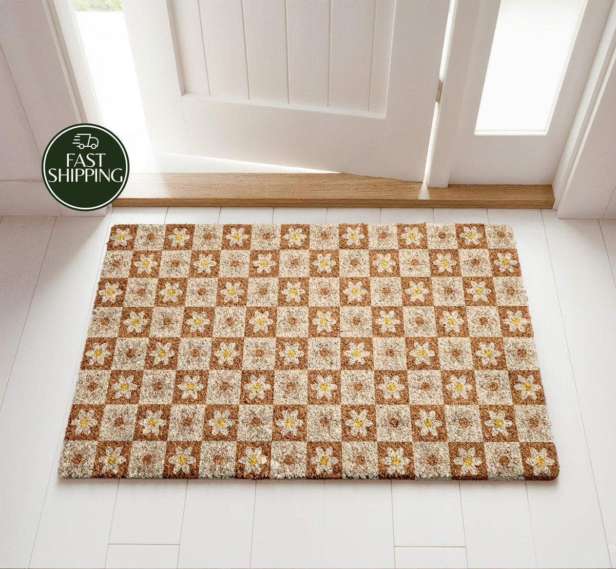 Retro Checkered Daisy Doormat, Floral Brown and Cream Welcome Mat