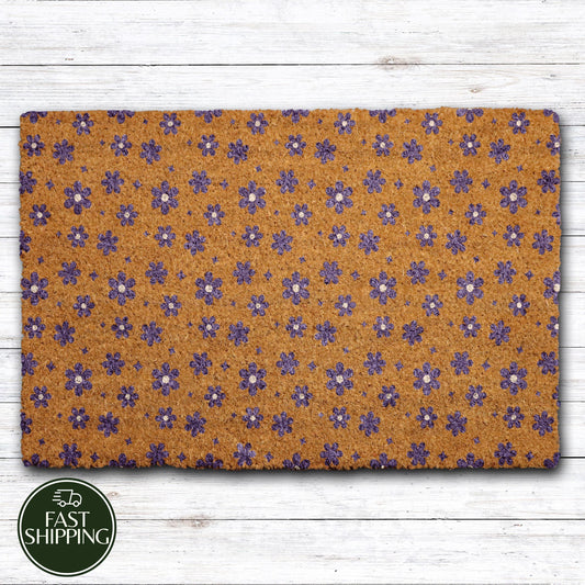 Purple Floral Pattern Welcome Mat, Aesthetic Ditsy Flower Design Doormat
