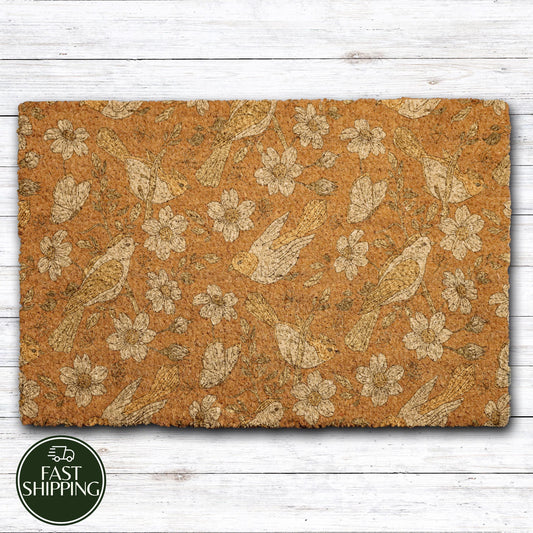 Retro Bird and Butterfly Doormat, Botanical Garden Welcome Mat, Farmhouse Front Porch Mat