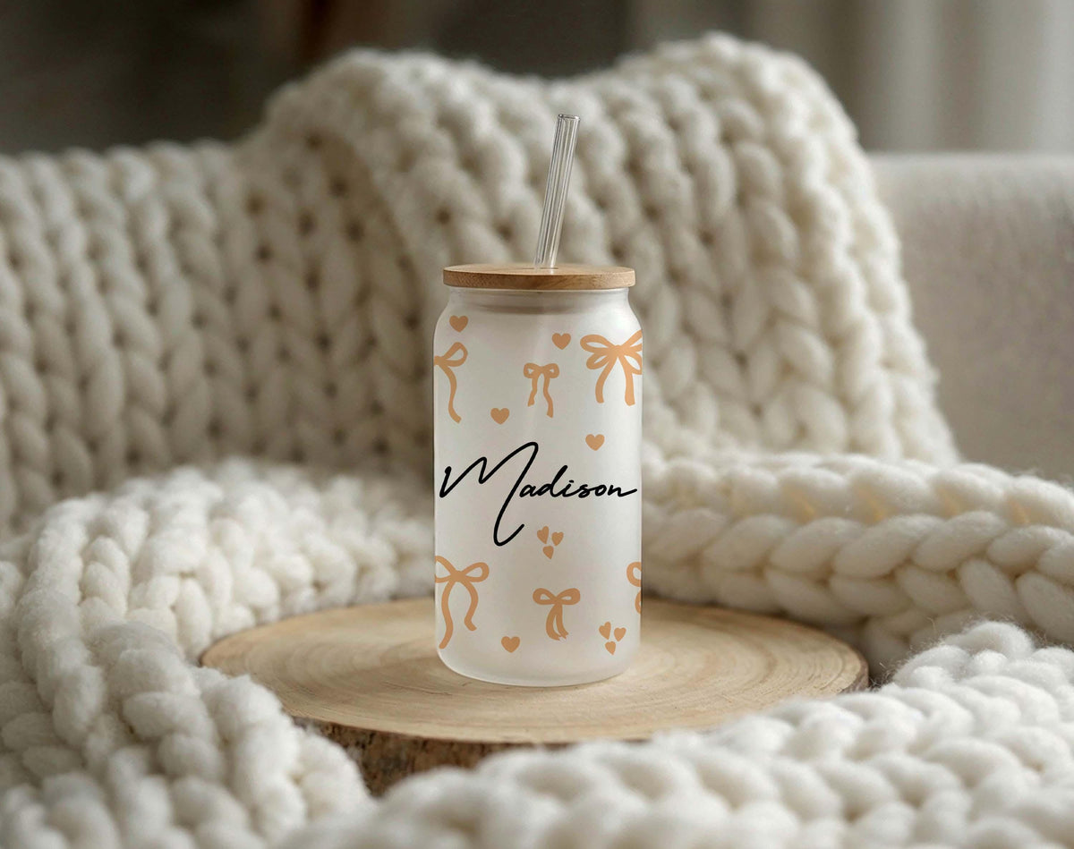 Personalized Coquette Bow Glass Tumbler, Custom Name Iced Coffee Cup