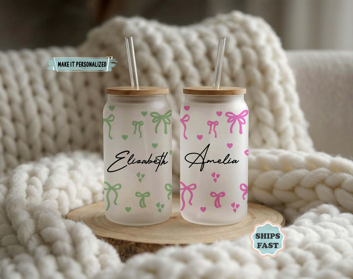 Personalized Coquette Bow Glass Tumbler, Custom Name Iced Coffee Cup