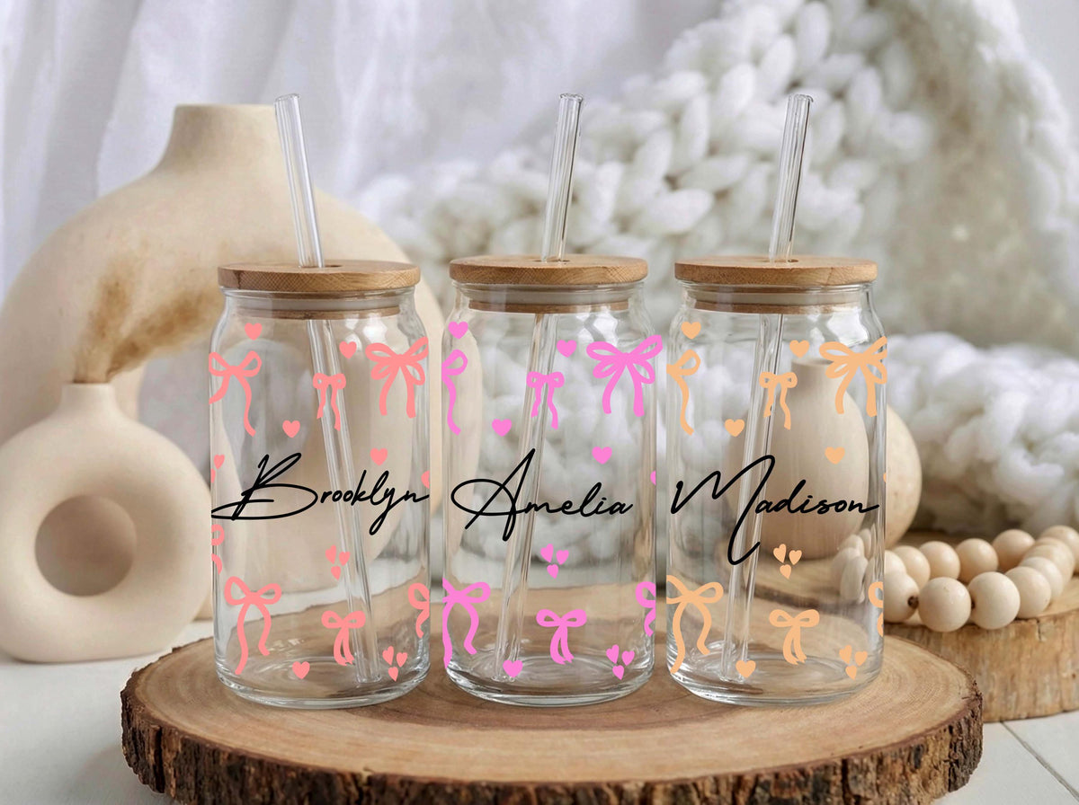Personalized Coquette Bow Glass Tumbler, Custom Name Iced Coffee Cup