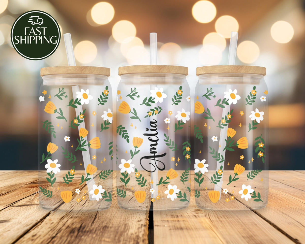 Custom Name Daisy & Tulip Flower Design Can Glass Tumbler