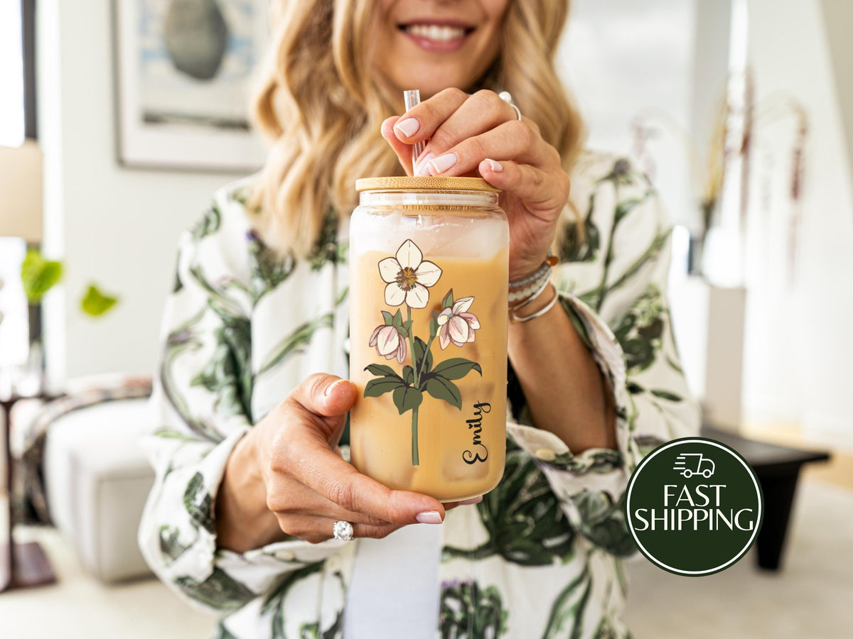 Personalized Vibrant Color Floral Iced Coffee Cup, Birth Month Flower Can Glass Tumbler