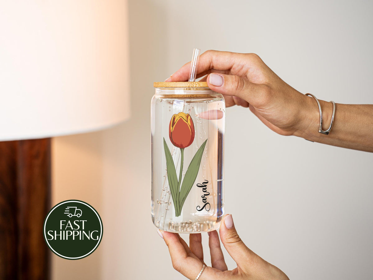 Personalized Vibrant Color Floral Iced Coffee Cup, Birth Month Flower Can Glass Tumbler
