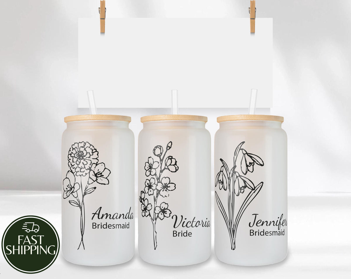 Personalized Line Art Floral Can Glass Tumbler, Bride & Bridesmaid Matching Bridal Shower Cup