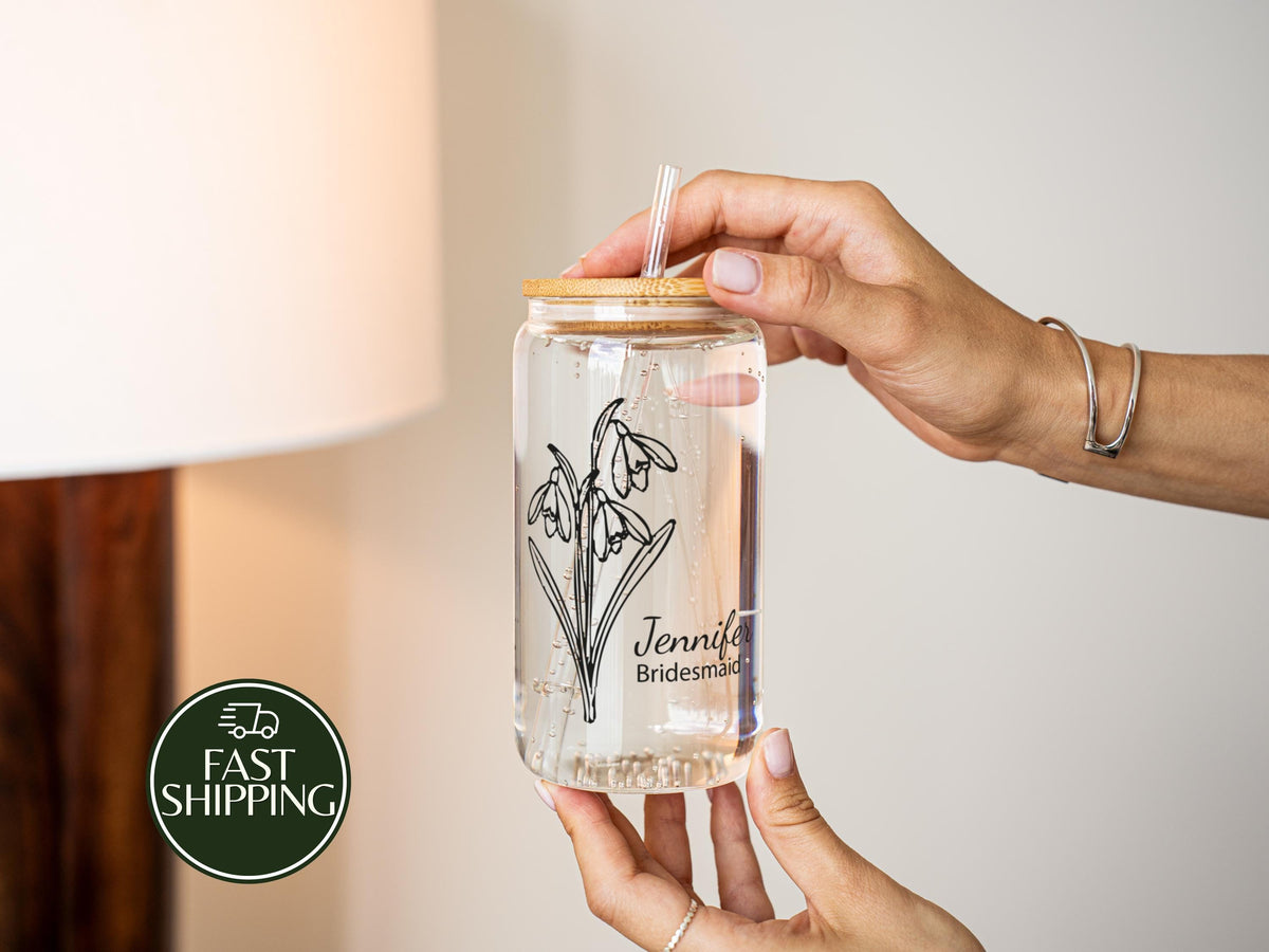 Personalized Line Art Floral Can Glass Tumbler, Bride & Bridesmaid Matching Bridal Shower Cup