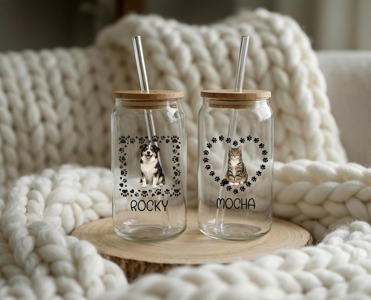 Custom Pet Photo Glass Tumbler, Personalized Cat Dog Coffee Cup