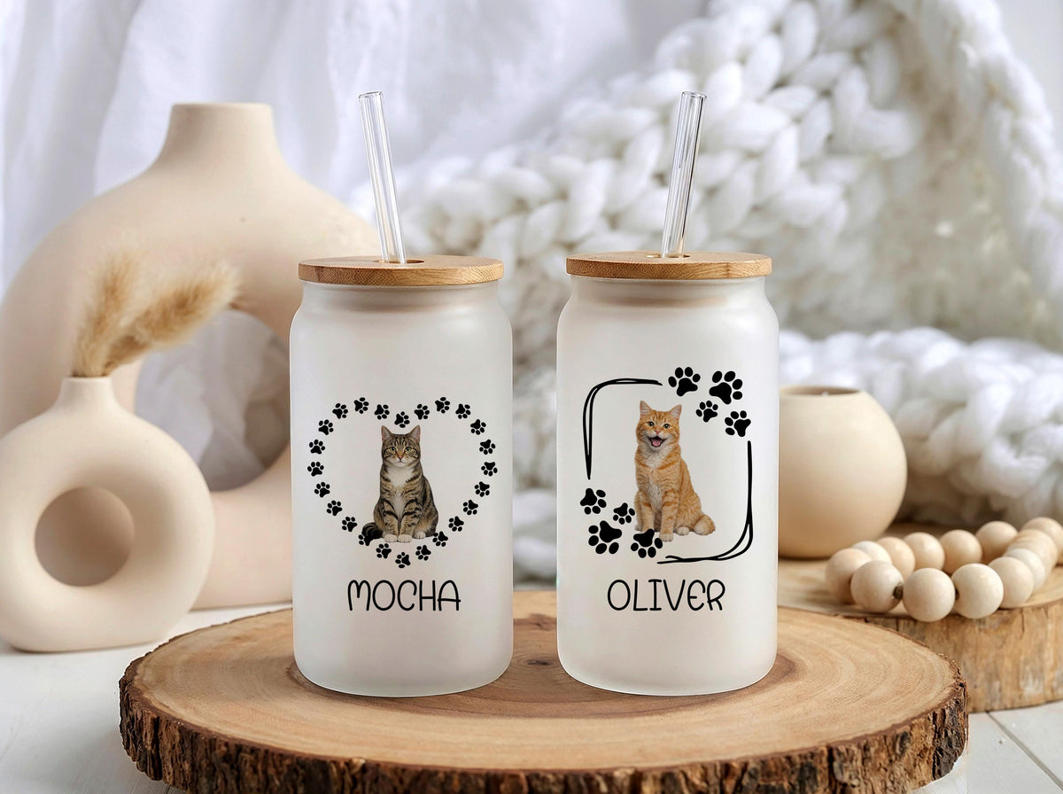 Custom Pet Photo Glass Tumbler, Personalized Cat Dog Coffee Cup