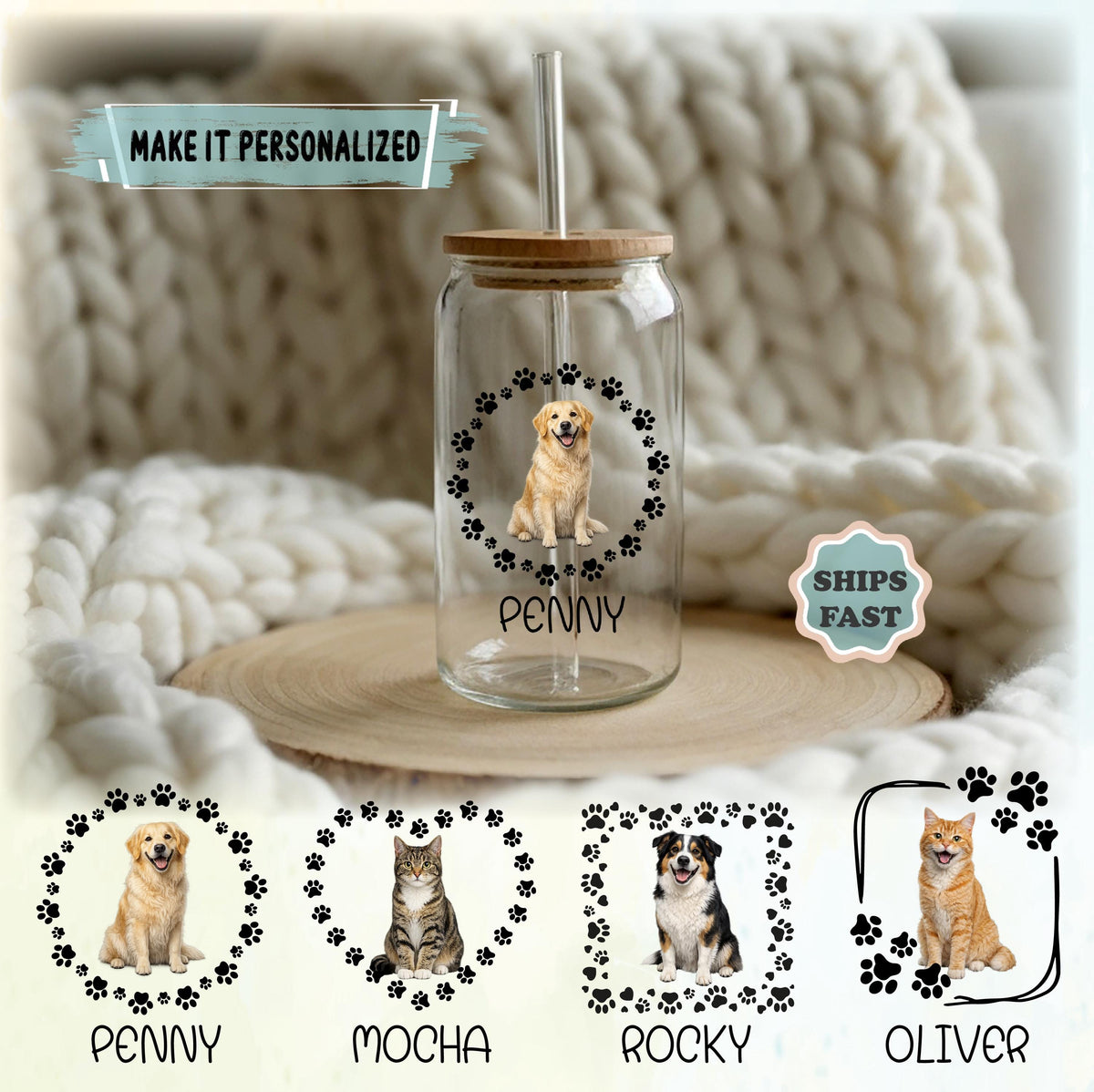 Custom Pet Photo Glass Tumbler, Personalized Cat Dog Coffee Cup