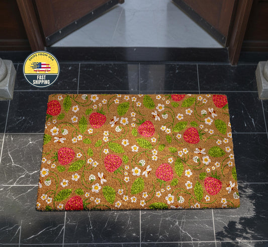 Strawberry WithFlowers Doormat, Colorful Summer Doormat, Floral Summer Welcome Mat
