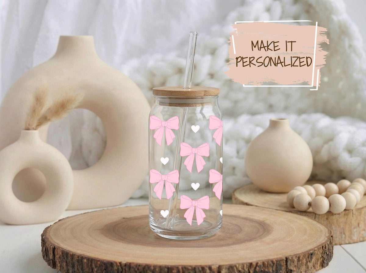 Personalized Pink Bows Glass Tumbler, Coquette Bow Girly Iced Coffee Cup