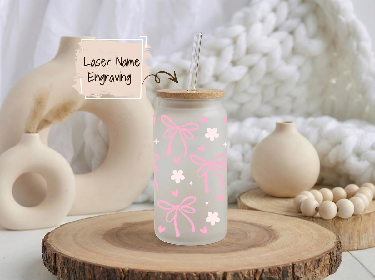 Personalized Pink Bows Glass Tumbler, Coquette Bow Girly Iced Coffee Cup