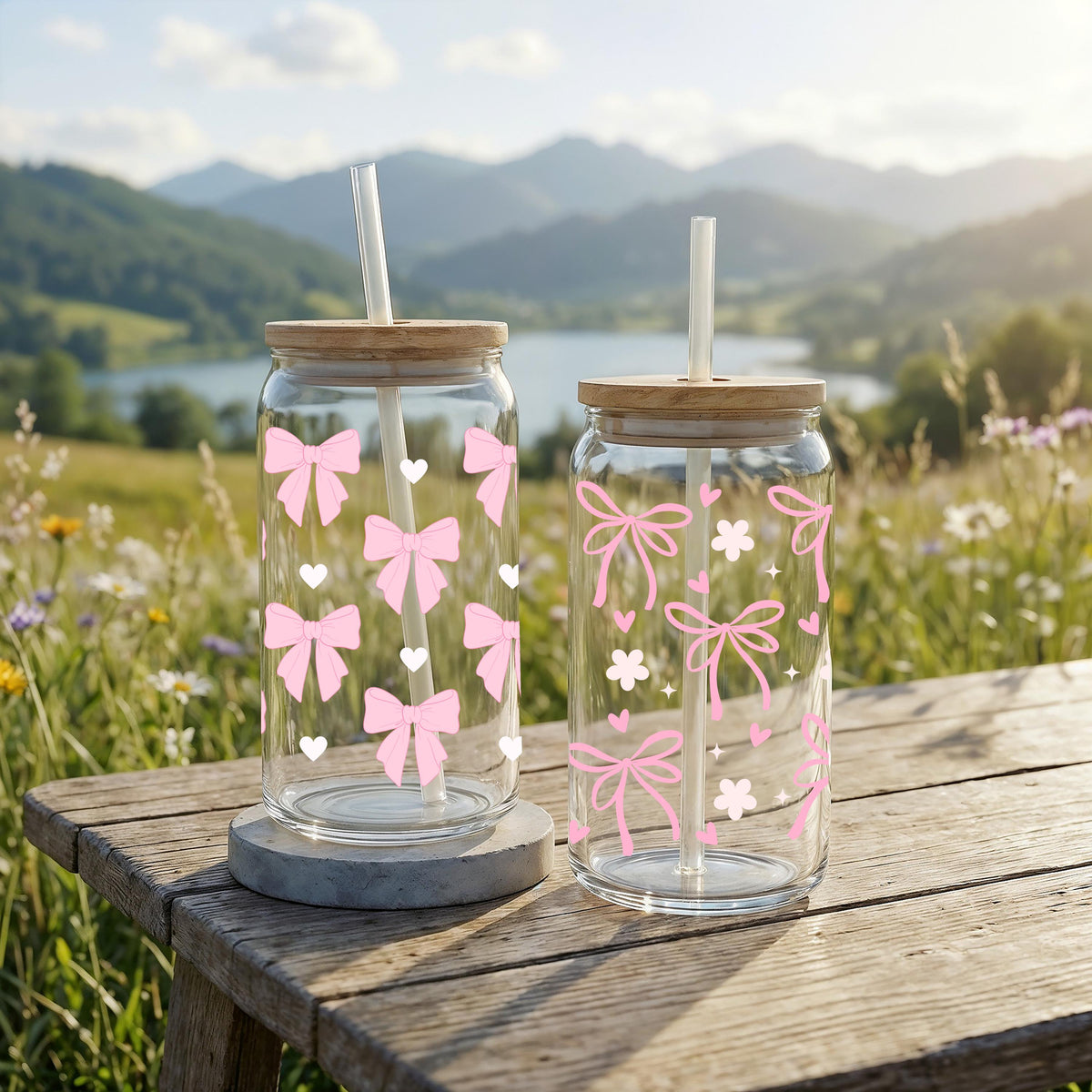 Personalized Pink Bows Glass Tumbler, Coquette Bow Girly Iced Coffee Cup