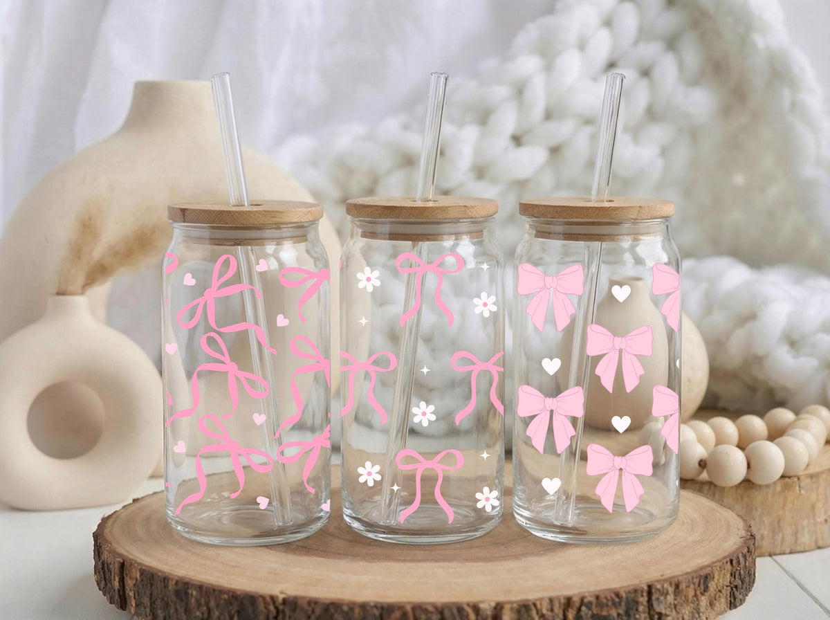 Personalized Pink Bows Glass Tumbler, Coquette Bow Girly Iced Coffee Cup