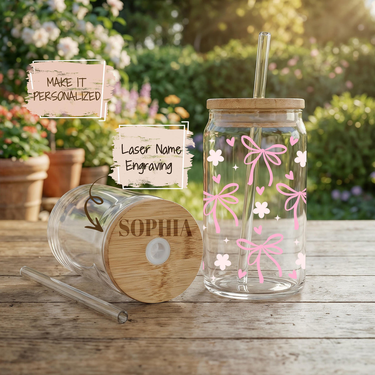 Personalized Pink Bows Glass Tumbler, Coquette Bow Girly Iced Coffee Cup