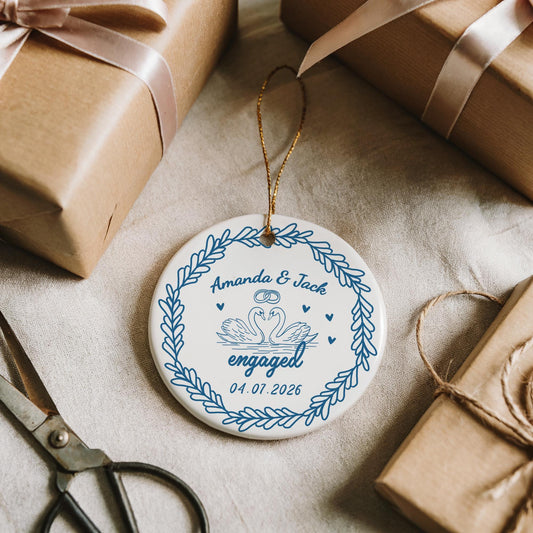 Design Optional Engaged Ceramic Ornament, Personalized Engagement Ceremony Keepsake