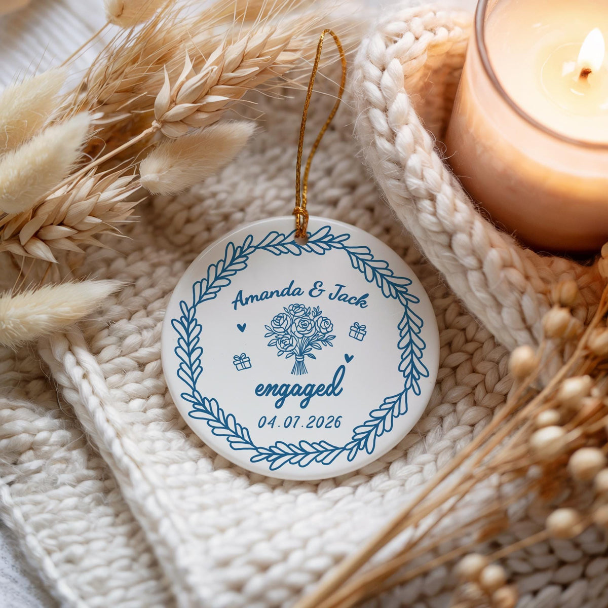 Design Optional Engaged Ceramic Ornament, Personalized Engagement Ceremony Keepsake