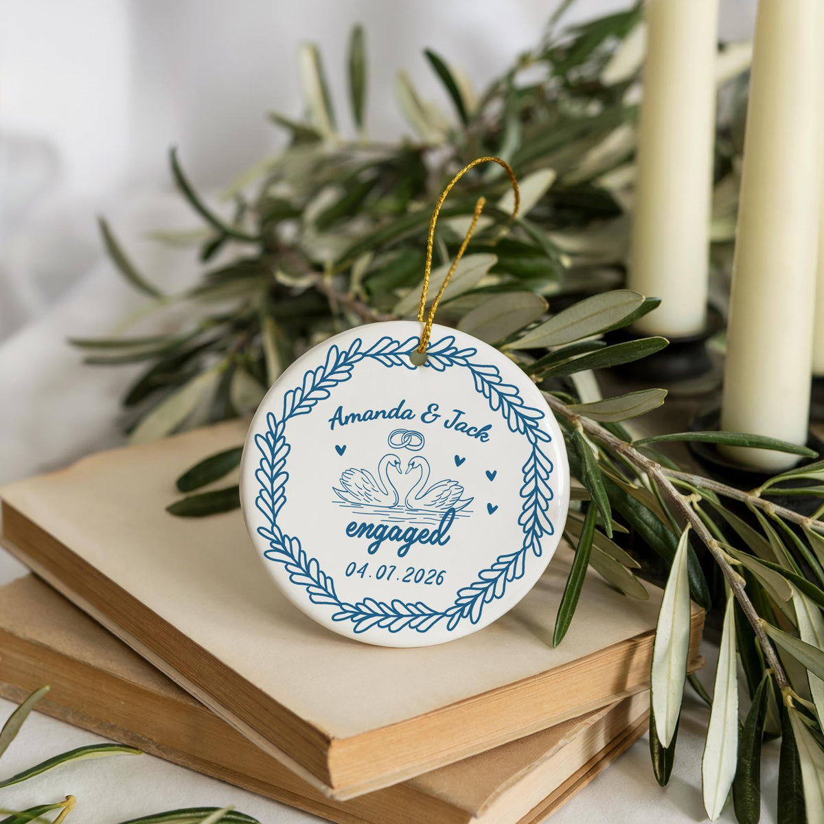 Design Optional Engaged Ceramic Ornament, Personalized Engagement Ceremony Keepsake