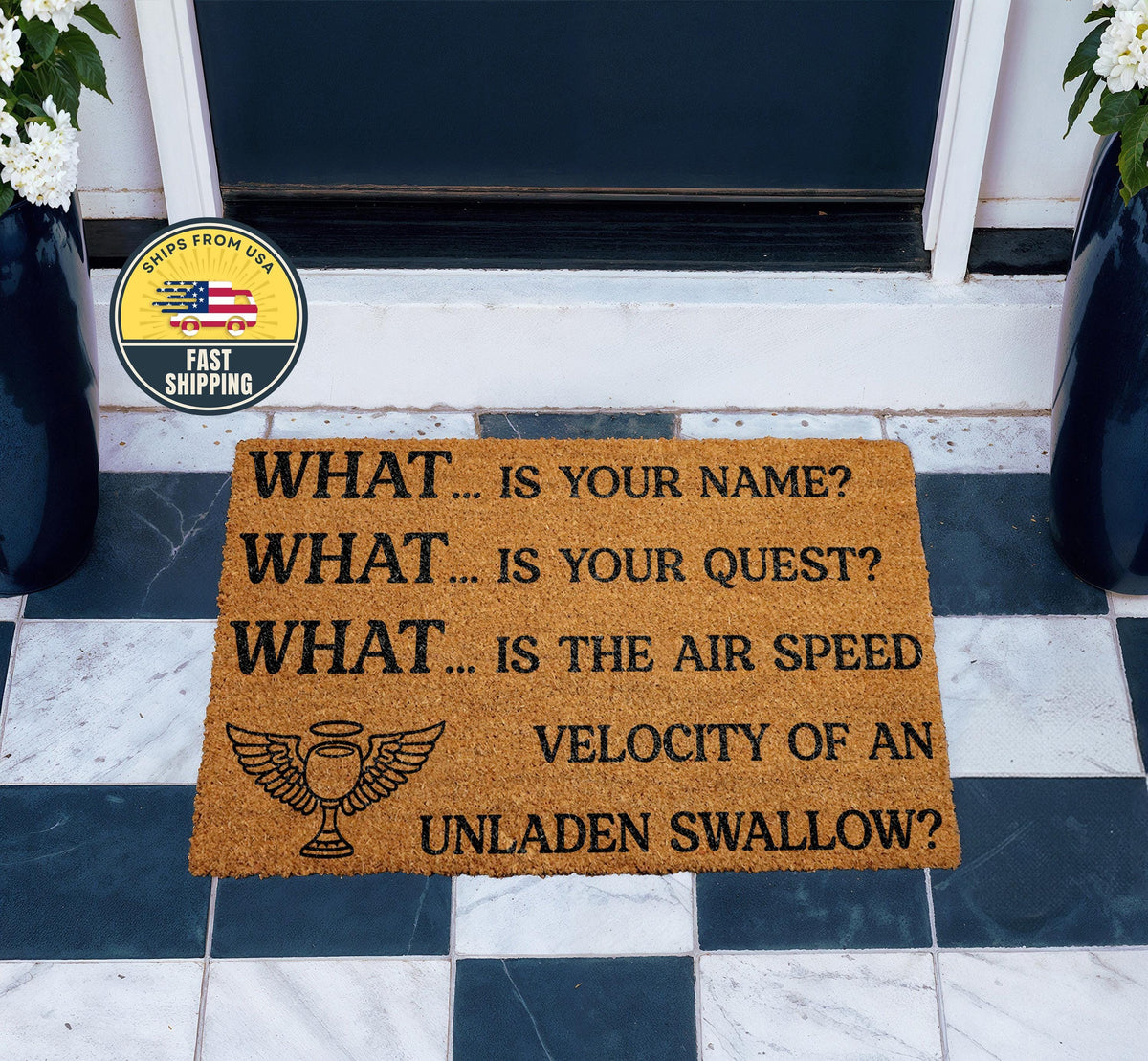 What Is Your Name Funny Welcome Doormat, Monty Python Inspired Mat, Funny Home Decor