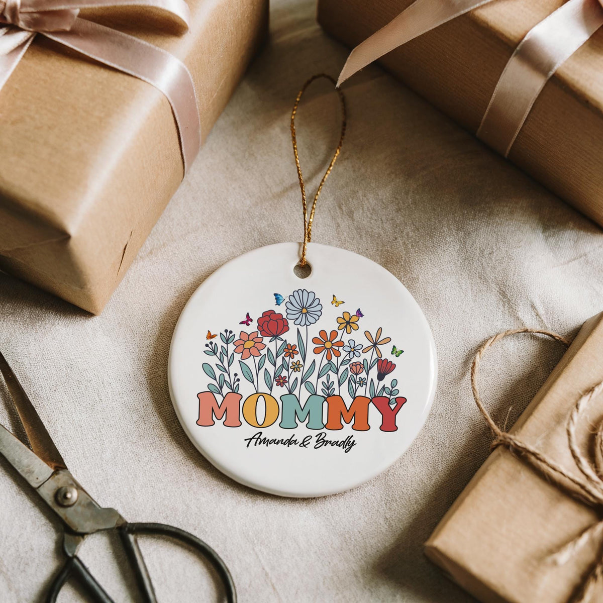 Personalized Mommy Ornament with Kids Names, Groovy Floral Ceramic Keepsake