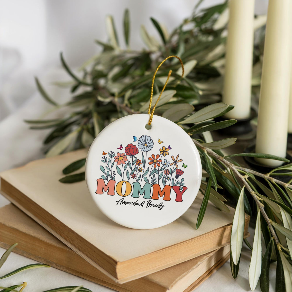 Personalized Mommy Ornament with Kids Names, Groovy Floral Ceramic Keepsake