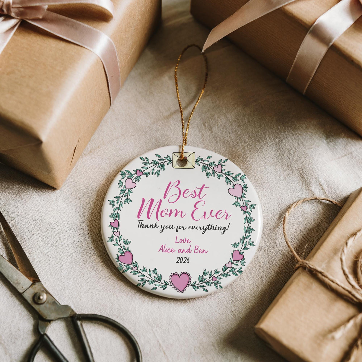 Personalized Best Mom Ever Ceramic Ornament, Floral Wreath With Heart Ceramic Keepsake