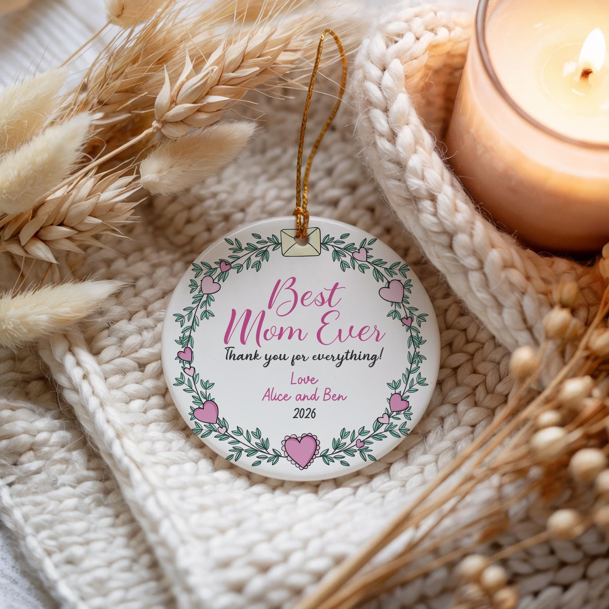 Personalized Best Mom Ever Ceramic Ornament, Floral Wreath With Heart Ceramic Keepsake