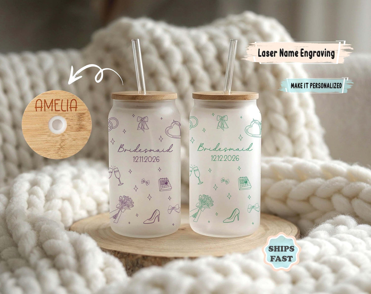Custom Bridesmaid Glass Cup, Personalized Bridal Party Gift