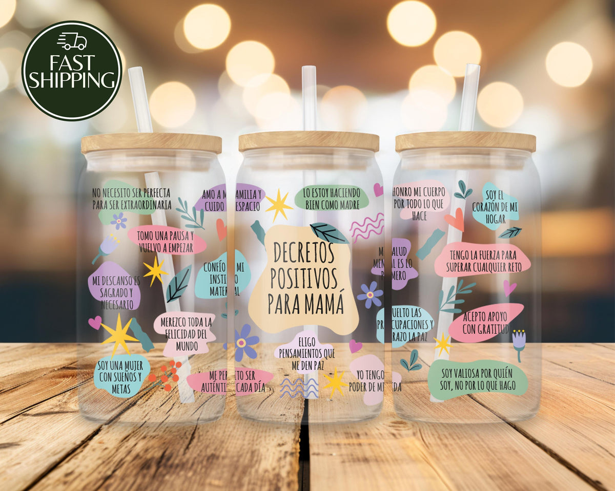 Decretos Positivos Para Mamá Bamboo Lid Glass Tumbler, Spanish Mom Affirmations Iced Coffee Cup