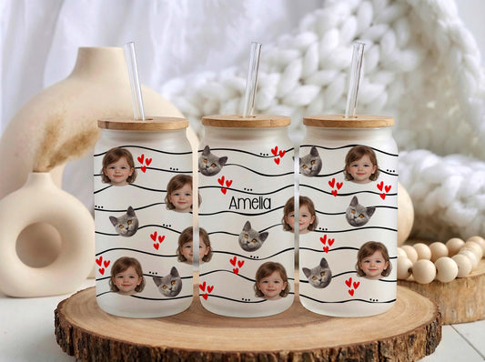 Custom Photo Glass Can, Personalized Dog Cat Picture Cup, Bamboo Lid Iced Coffee Tumbler Gift