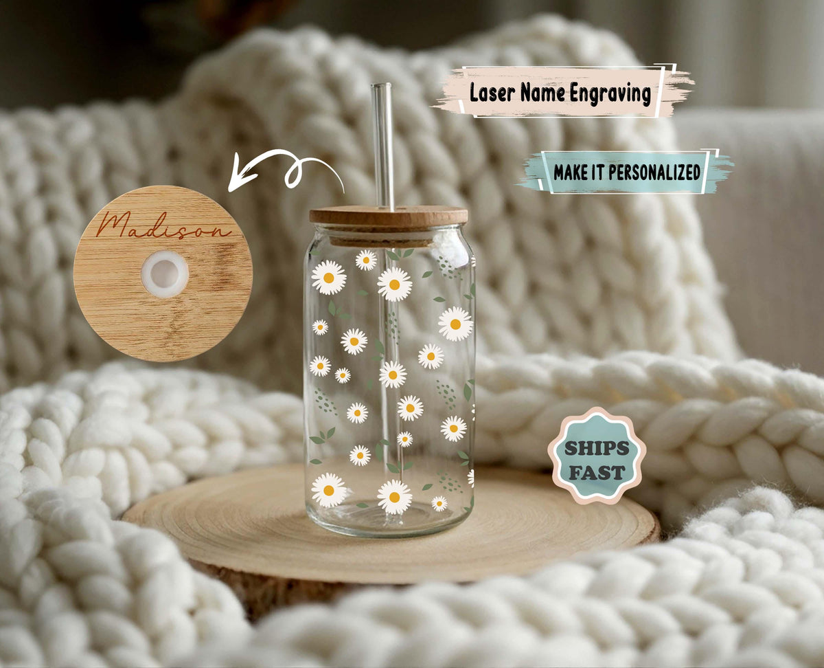 Personalized Daisy Glass Tumbler, Custom Name Bamboo Lid Iced Coffee Cup