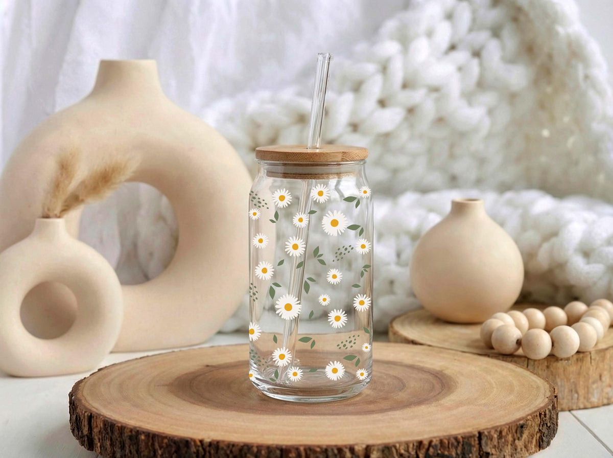 Personalized Daisy Glass Tumbler, Custom Name Bamboo Lid Iced Coffee Cup