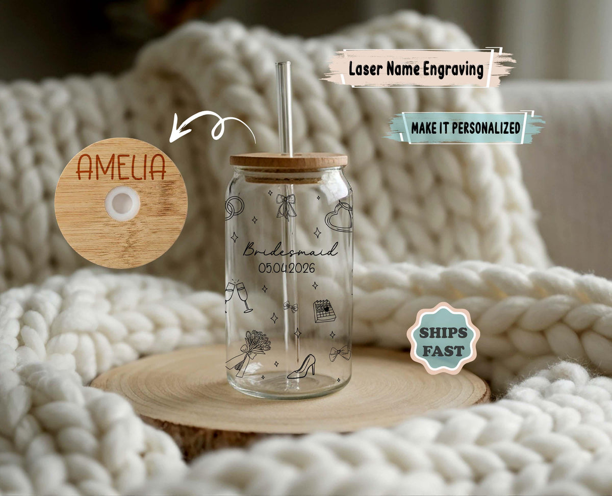 Custom Bridesmaid Glass Cup, Personalized Bridal Party Gift